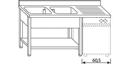 Lavatoio su gambe con sottopiano, vasca doppia e gocciolatoio a destra per lavastoviglie - ZeroInox